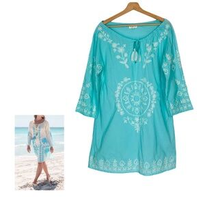 Debbie Katz Bohemian Beach Resort Wear Embroidered Kaftan Aqua Blue Large